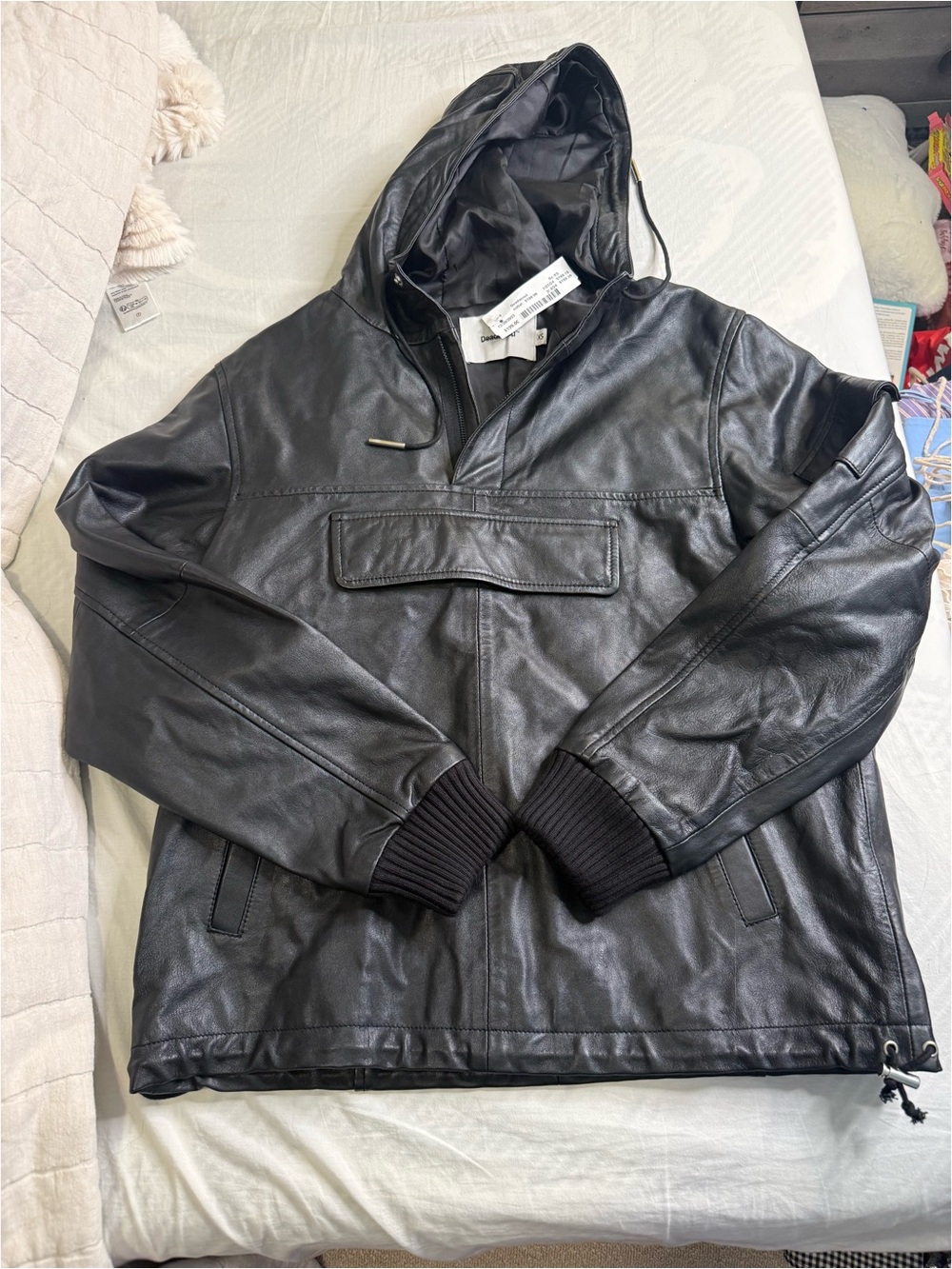 Men's Black Leather Hooded Jacket - Classic Anorak Style